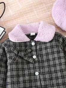 3入組嬰兒女孩對比色毛料格紋外套,配有蝴蝶結、裙子和帽子 - 灰色 - 查看 5