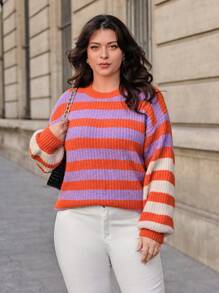 SHEIN Essnce Plus Striped Pattern Drop Shoulder Sweater - Multicolor - View 4