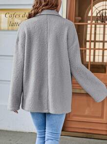 SHEIN Maternity Drop Shoulder Flap Pocket Teddy Coat, For Winter - Grey - View 2