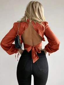 SHEIN Privé Women's Puff Sleeve Back-tie Shirt - Bronze - View 1