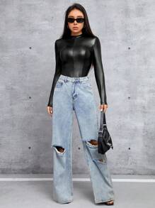 SHEIN PETITE 女士3d Pu皮革長袖連體衣 - 黑色 - 查看 8