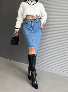 EURMUSE High Waisted Asymmetrical Hem Denim Skirt - Medium Wash - View 3