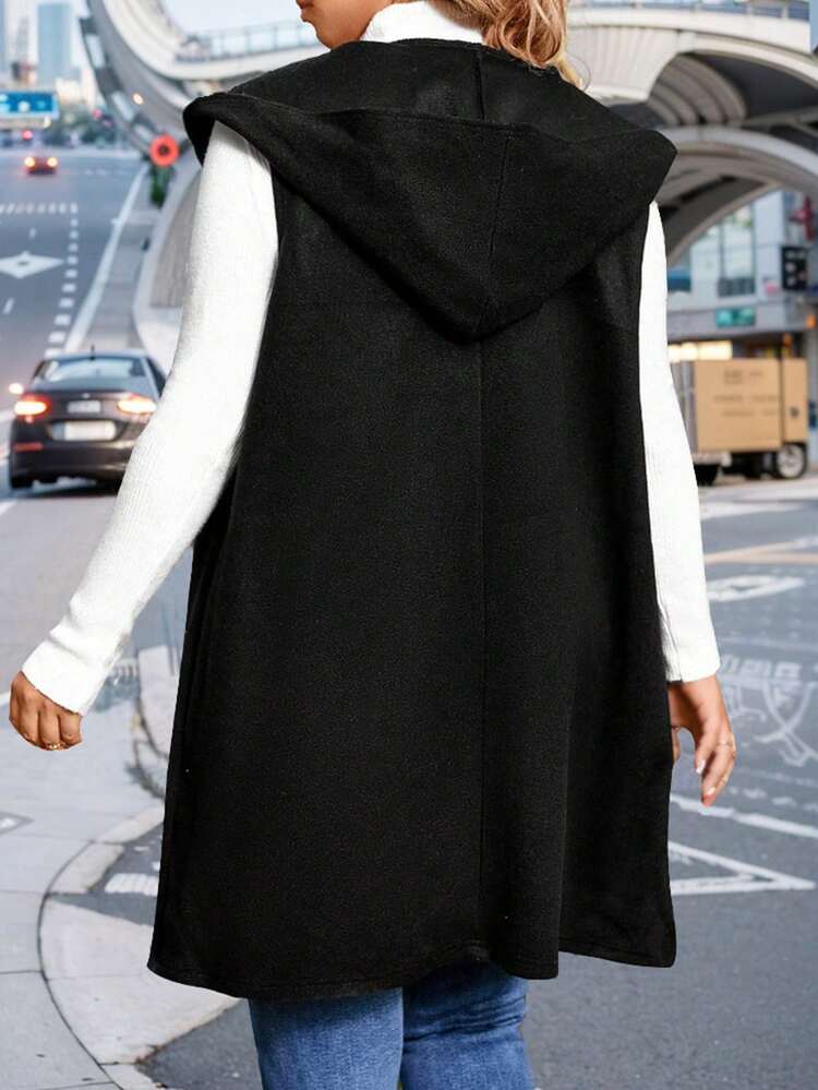 Women's Hooded Geometric Pattern Woolen Vest Jacket With Pocket