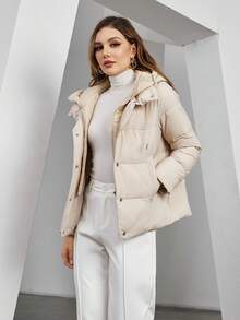 ZIAI Zip Up Drawstring Hooded Padded Coat - Beige - View 3