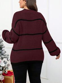 SHEIN LUNE Plus Size Lantern Sleeve Sweater Pullover - Burgundy - View 2