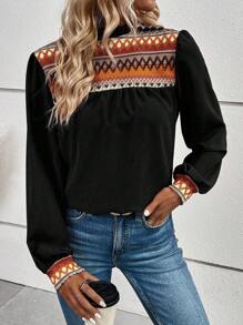 EMERY ROSE Tay áo lồng đèn Hoa văn kẻ sọc Áo sơ mi - màu đen - Xem 3