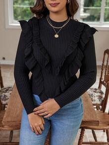 Calvaya Plus Size Ruffle Trim Pullover Sweater - Black - View 6