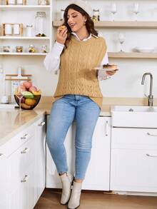 Calvaya Plus Pointelle Knit Sweater Vest Without Blouse - Khaki - View 6