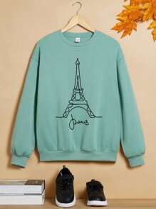 Teen Girl Tower & Letter Graphic Drop Shoulder Pullover - Mint Green - View 1