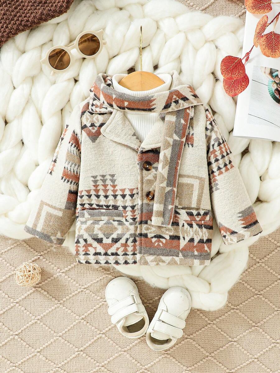 Baby Boy Geo Print Dual Pocket Overcoat & Scarf Without Sweater - Multicolor - View 1