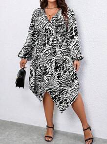 SHEIN LUNE Schwarzes Und Weißes Kleid Mit Langen Ärmeln Für Frauen In Übergröße - Schwarz und Weiss - Übersicht 4