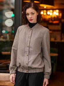 SHEIN Frenchy Chaqueta Cruzada Con Cremallera Frontal Y Patrón De Cuadrícula Para Mujer
