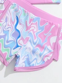 Young Girl Random Printed Raglan Sleeve Ruffled Rashguard Set Summer Beach - Pink - View 3