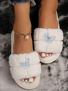 女用蝴蝶毛拖鞋軟底室內拖鞋防滑耐用秋冬 - 米色 - 查看 5