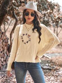 SHEIN LUNE Floral Embroidery Cable Knit Drop Shoulder Sweater - Beige - View 6