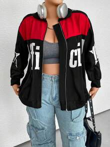 SHEIN Coolane Plus Letter Graphic Colorblock Drop Shoulder Jacket - Multicolor - View 6