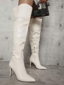 SHUZIA 女性街頭風格時尚過膝高跟尖頭靴 - 米色 - 查看 6