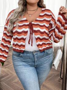SHEIN CURVE+ Plus Chevron Pattern Drop Shoulder Cardigan - Orange - View 4