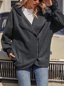 SHEIN LUNE 女士拉鍊前帽裝呢外套 - 黑色 - 查看 6