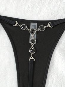 Swim SXY 夏季纯色前结比基尼套装 - 黑色 - 查看 6