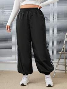 SHEIN EZwear Plus Size Sporty Loose Woven Pants With Contrast Stripes - Black - View 5