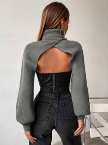 Allurite Women's High Neck Solid Color Cropped Sweater