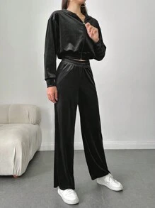 EURMUSE Drop Shoulder Hooded Crop Jacket & Wide Leg Pants - Black - View 4