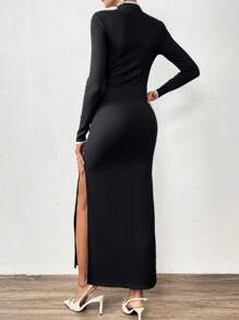 SHEIN Privé Figurbetontes Kleid mit Kontrastsaum, Ausschnitt vorne, - Schwarz und Weiss - Übersicht 2