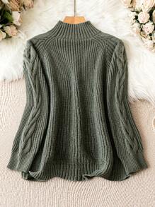 SHEIN LUNE 大碼麻花編織小高領套頭毛衣 - 軍綠色 - 查看 2