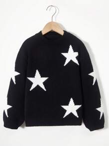 SHEIN Cô Gái Trẻ Hình sao Thả vai Áo len - màu đen - Xem 1