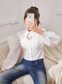 SHEIN Teen Girls' Heart Hollow Out Collared Long Sleeve Shirt - White - View 4