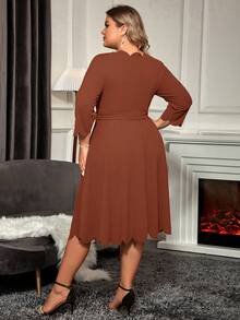 SHEIN Clasi Plus Scallop Trim Belted Dress - Rust Brown - View 2