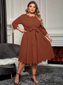 SHEIN Clasi Plus Scallop Trim Belted Dress - Rust Brown - View 3