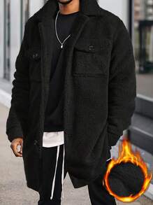 Manfinity 男士寬鬆連帽毛絨外套,帶有翻蓋口袋和按鈕閉合設計 - 黑色 - 查看 1