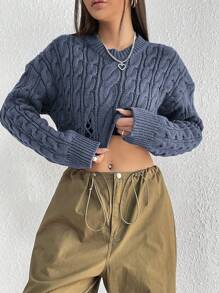 Flirla Short Textured Cable Knit & Drop Shoulder Sweater