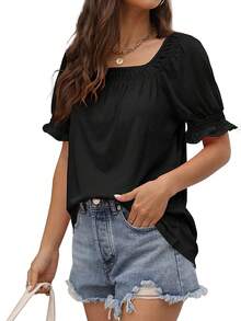 女士方領純色泡泡袖t恤 - 黑色 - 查看 1