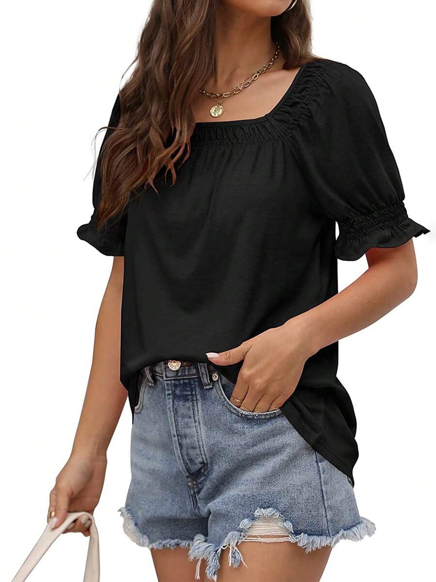 女士方領純色泡泡袖t恤 - 黑色 - 查看 1