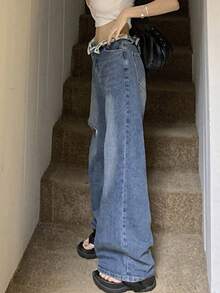 Quần jeans ống rộng xắn gấu in chữ kiểu rách rưới, phong cách thường ngày mùa xuân. - Rửa trung bình - Xem 4