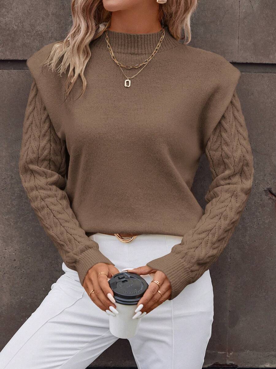 SHEIN Clasi Mock Neck Cable Knit Sweater - Camel - View 1