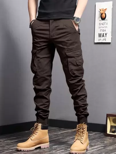 Manfinity Homme Men's Solid Color Tapered Cargo Pants, For Fall