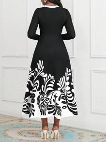 SHEIN Lady Plants Print Contrast Trim Dress - Black and White - View 2