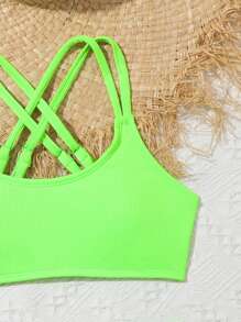 SHEIN Tween Girl Summer Beach Two-Piece Ribbed Criss-Cross Shoulder Strap Bikini Set Bathing Suit Kids Swimming ,Kids Beachwear - Green - View 5