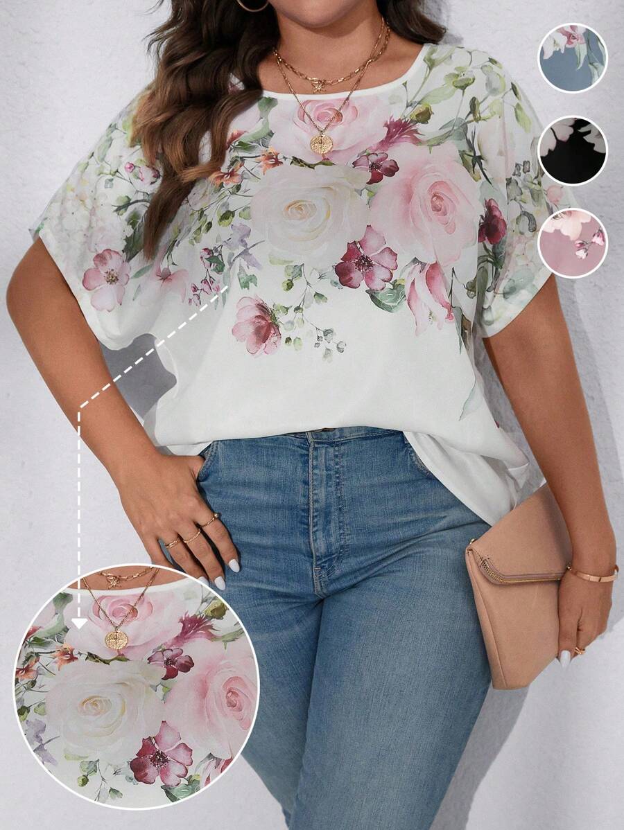 EMERY ROSE 大尺碼女士花卉印花蝙蝠袖襯衫