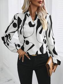 SHEIN Privé Women's Geometric Printed Notch Collar Lantern Sleeve Blouse - Multicolor - View 5