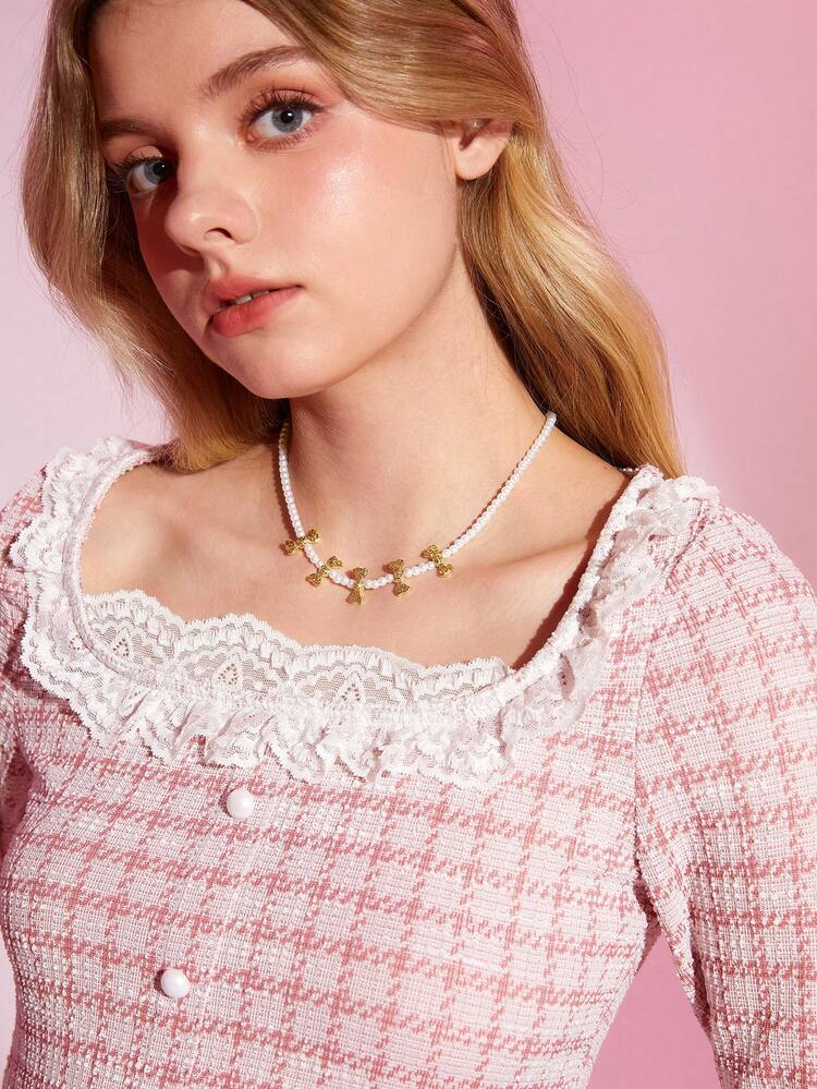 1pc Strung Bead Fashionable Bowknot Necklace