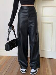 Dazy Star 女式带口袋聚氨酯工装裤 - 黑色 - 查看 3