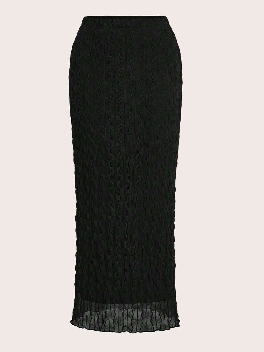 SHEIN EZwear 大碼素色木耳邊半身裙 - 黑色 - 查看 1