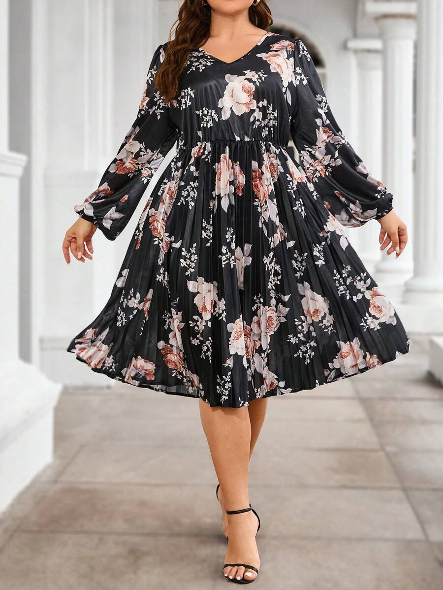 SHEIN Clasi Kích thước lớn In hoa Tay áo lồng đèn Đầm - Đen và trắng - Xem 1