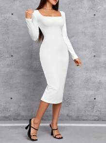 SHEIN PETITE Solid Color Square Neck Bodycon Dress - White - View 3