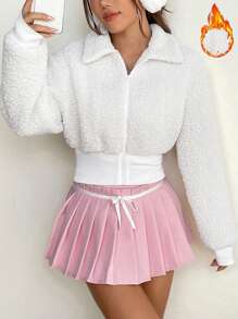 SHEIN EZwear Zip Up Drop Shoulder Teddy Jacket - White - View 1